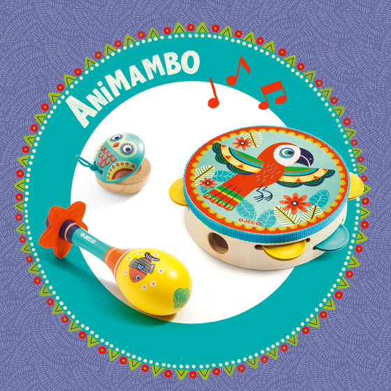 Animambo Tambourine, Maraca, Castanet Musical Instrument Set