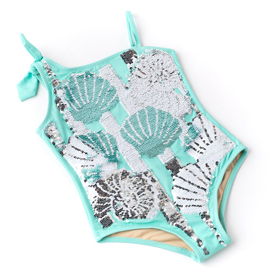 Mint Shells Girls Flip Sequin One Shoulder One Piece Swimsuit