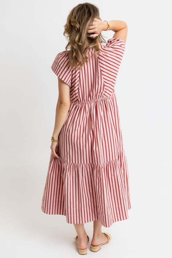 Stripe V-Neck Button Midi Dress