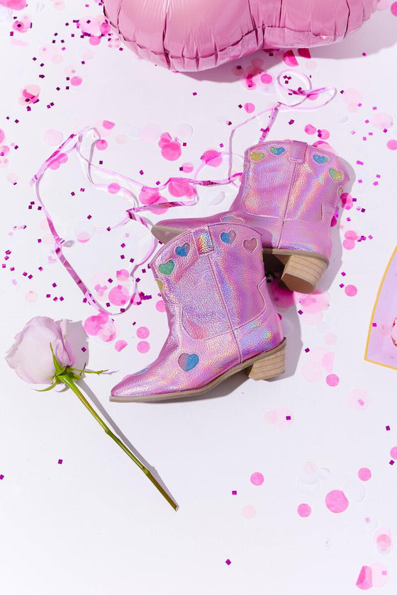 Pink Iridescent Heart Cowgirl Boots