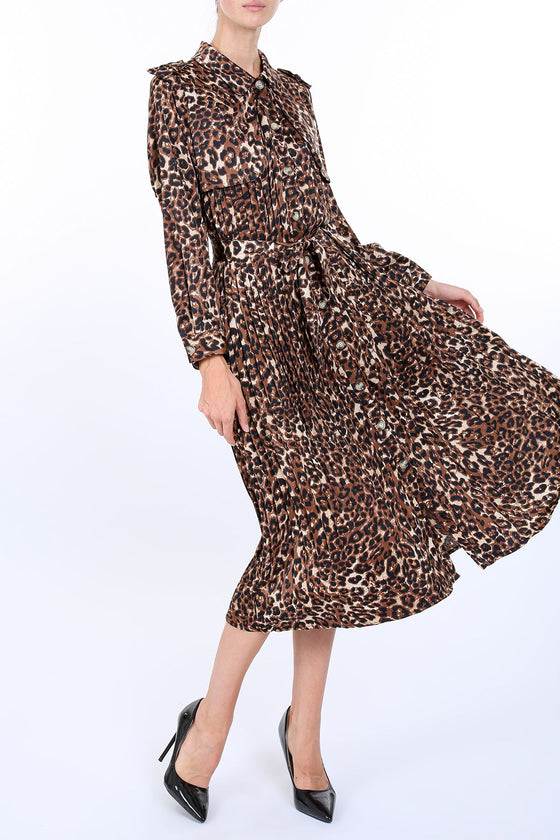 Leopard Print Pleat Belted Storm Flap Midi Dress