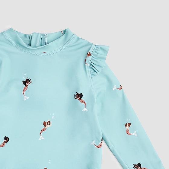 Mermaid Print On Aqua Long-Sleeve Rashguard Swim Set