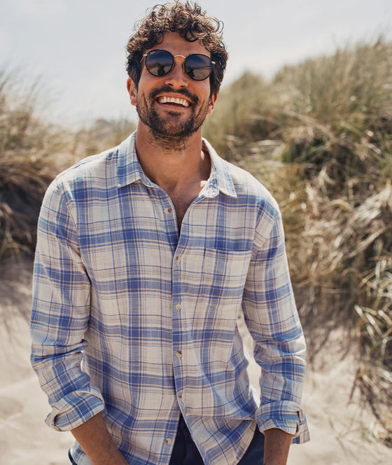 Classic Stretch Selvage Long Sleeve Shirt in Indigo/Cream Plaid