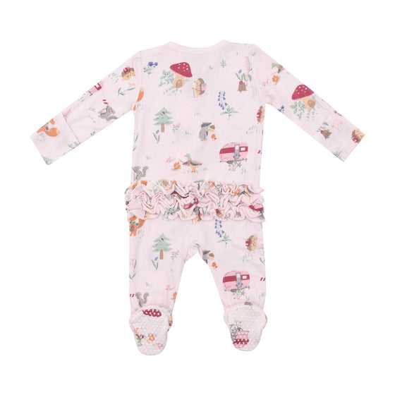 2 Way Zipper Ruffle Back Footie - Pink Animals