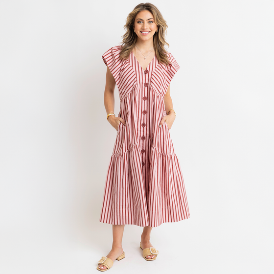 Stripe V-Neck Button Midi Dress