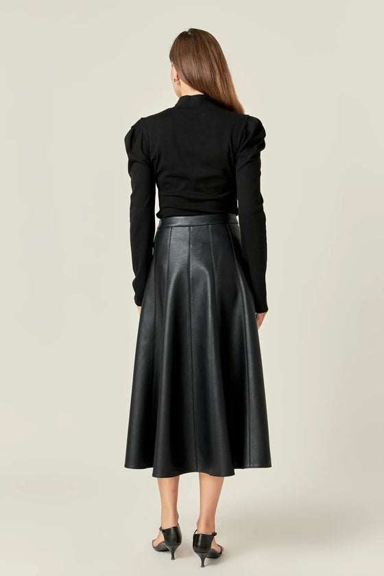 Flare Faux Leather Midi Skirt in Black