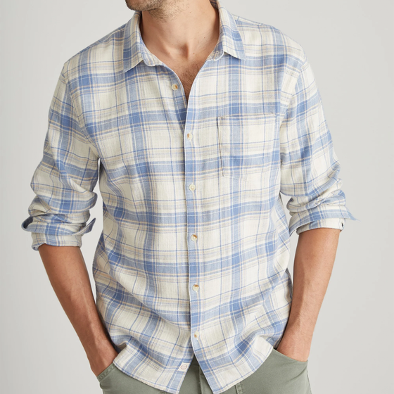 Classic Stretch Selvage Long Sleeve Shirt in Indigo/Cream Plaid