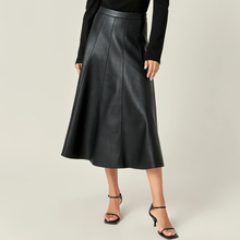  Flare Faux Leather Midi Skirt in Black