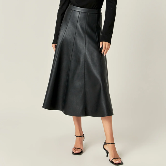 Flare Faux Leather Midi Skirt in Black