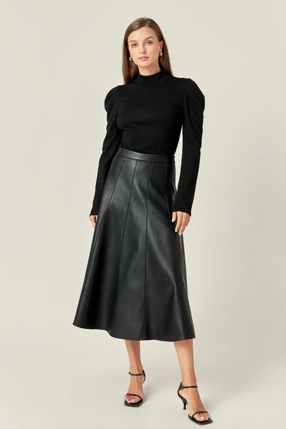 Flare Faux Leather Midi Skirt in Black