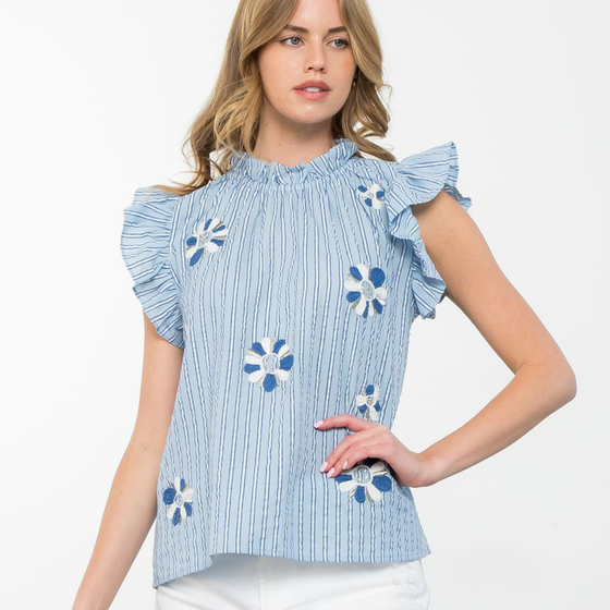 Flower Embroidered Striped Top